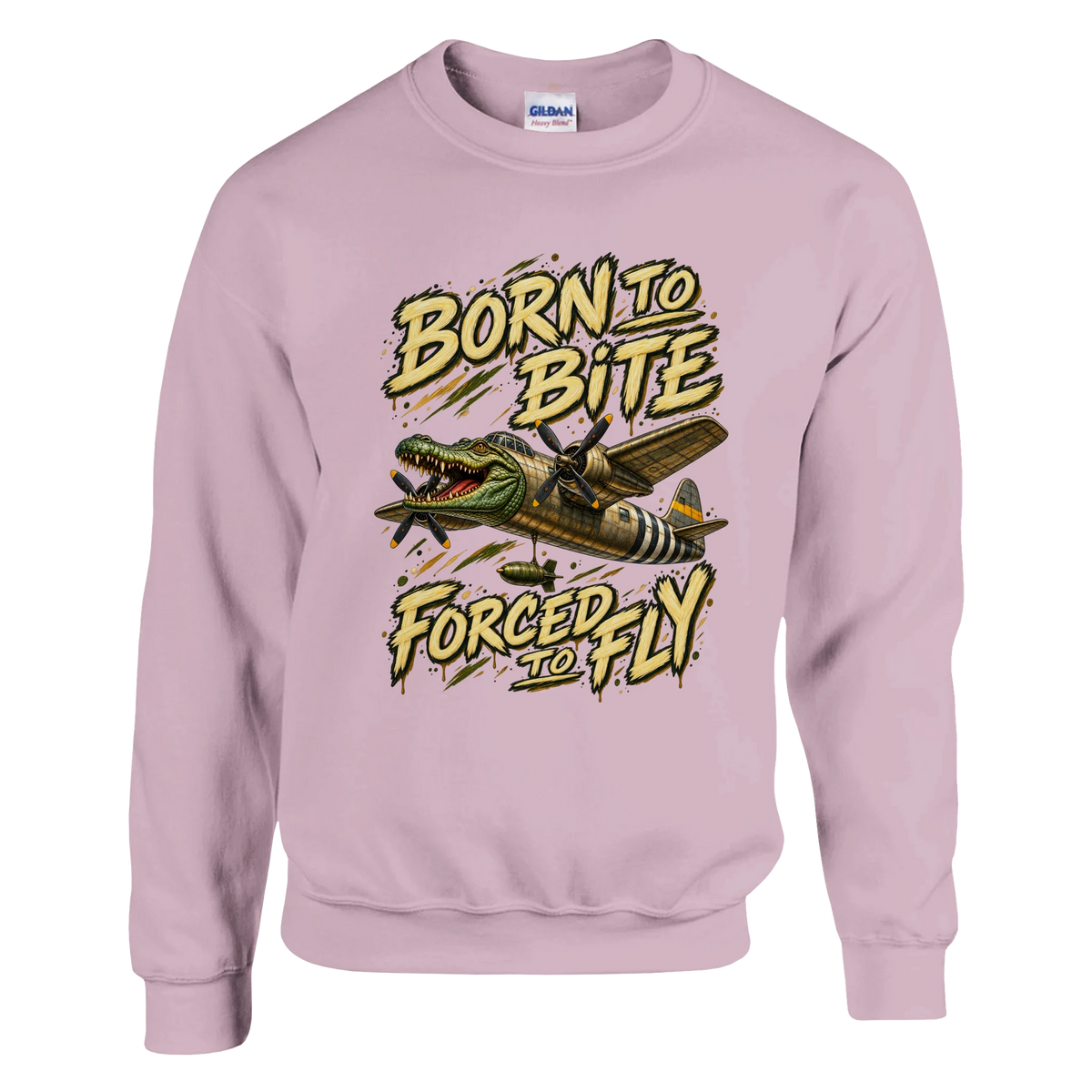Bombardino Crocodilo print on a light pink crewneck sweatshirt, front view