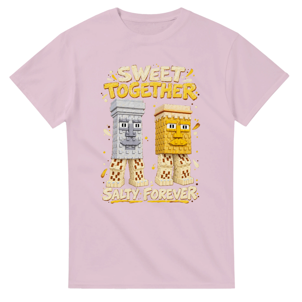 Light Pink t-shirt printed with Garama and Madundung and the words Sweet together, salty forever, front view