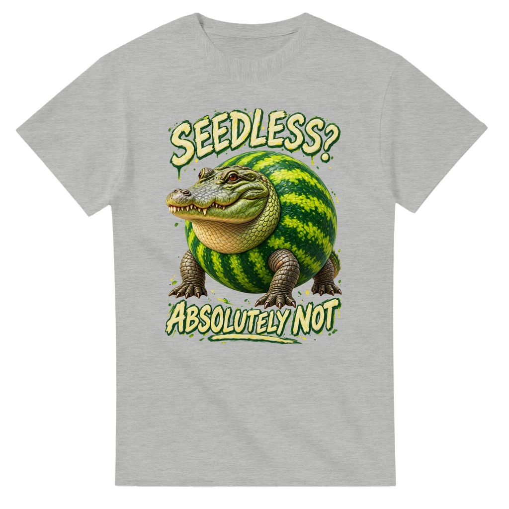 Ash t-shirt printed with Glorbo Fruttodrillo and the words Seedless? Absolutely not, front view