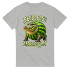 Ash t-shirt printed with Glorbo Fruttodrillo and the words Seedless? Absolutely not, front view