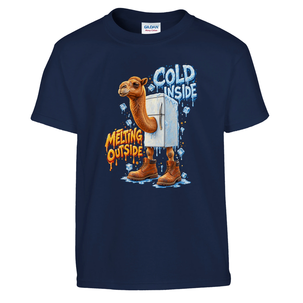 Frigo Camelo print on a navy kids t-shirt, front view