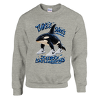Orcalero Orcala print on an ash grey crewneck sweatshirt, front view
