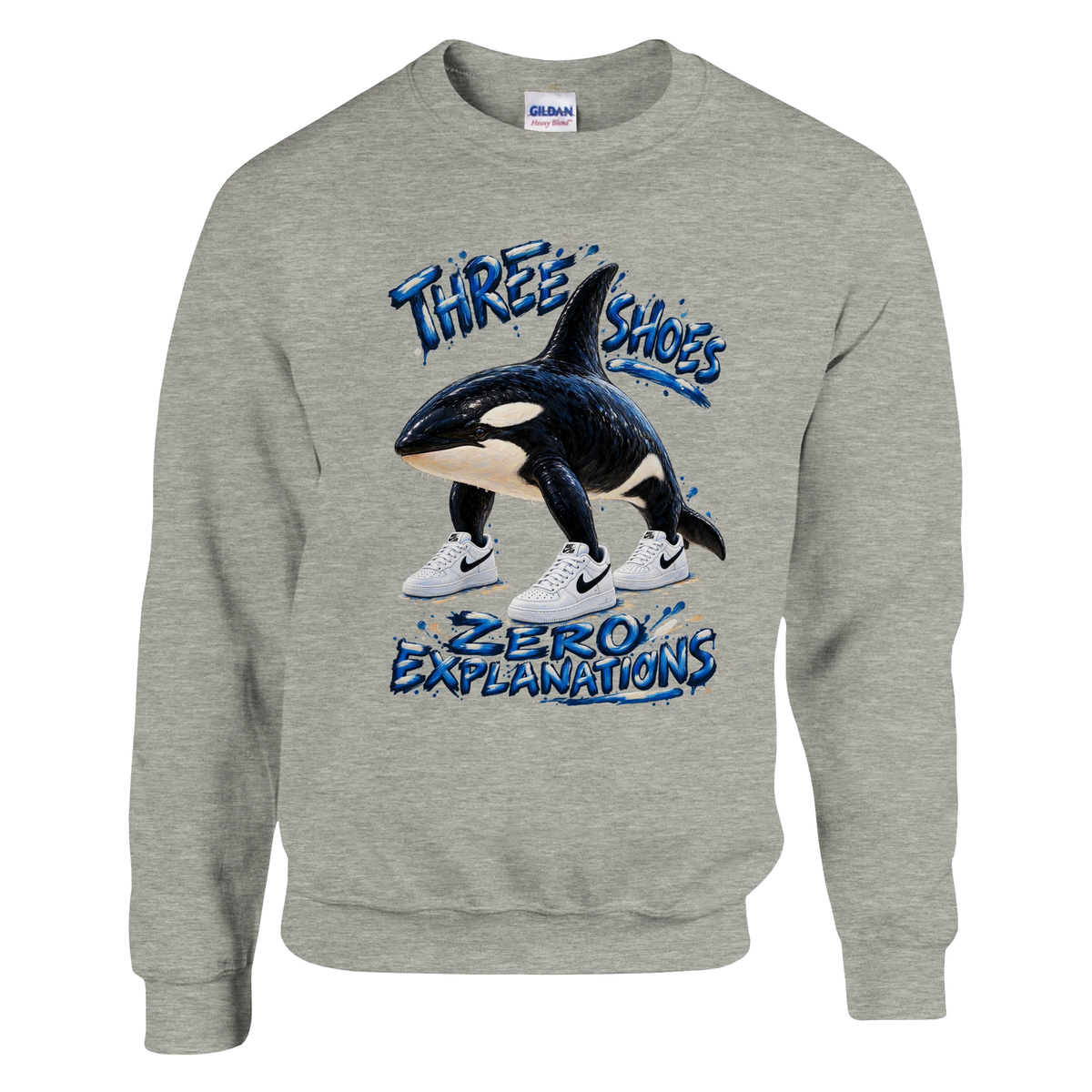 Orcalero Orcala print on an ash grey crewneck sweatshirt, front view
