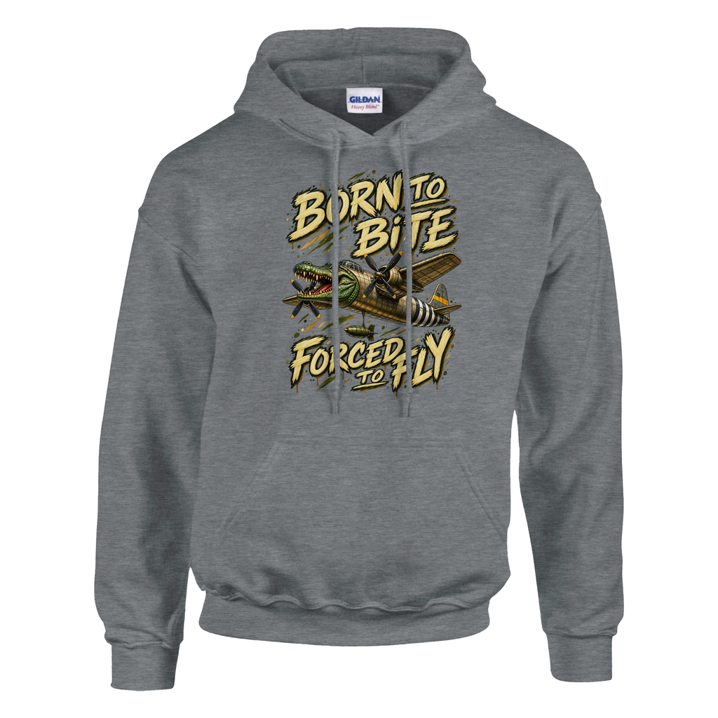 Bombardino Crocodilo print on a sport grey pullover hoodie, front view