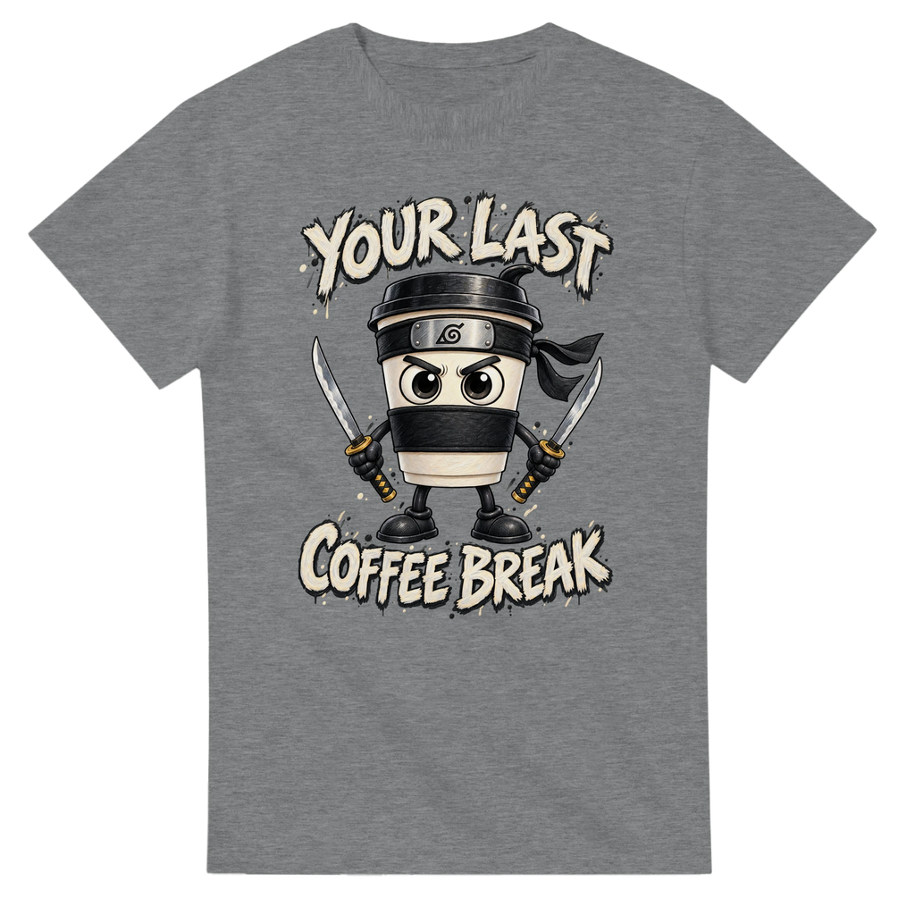 Sport Grey t-shirt printed with Cappuccino Assassino and the words Your last coffee break, front view