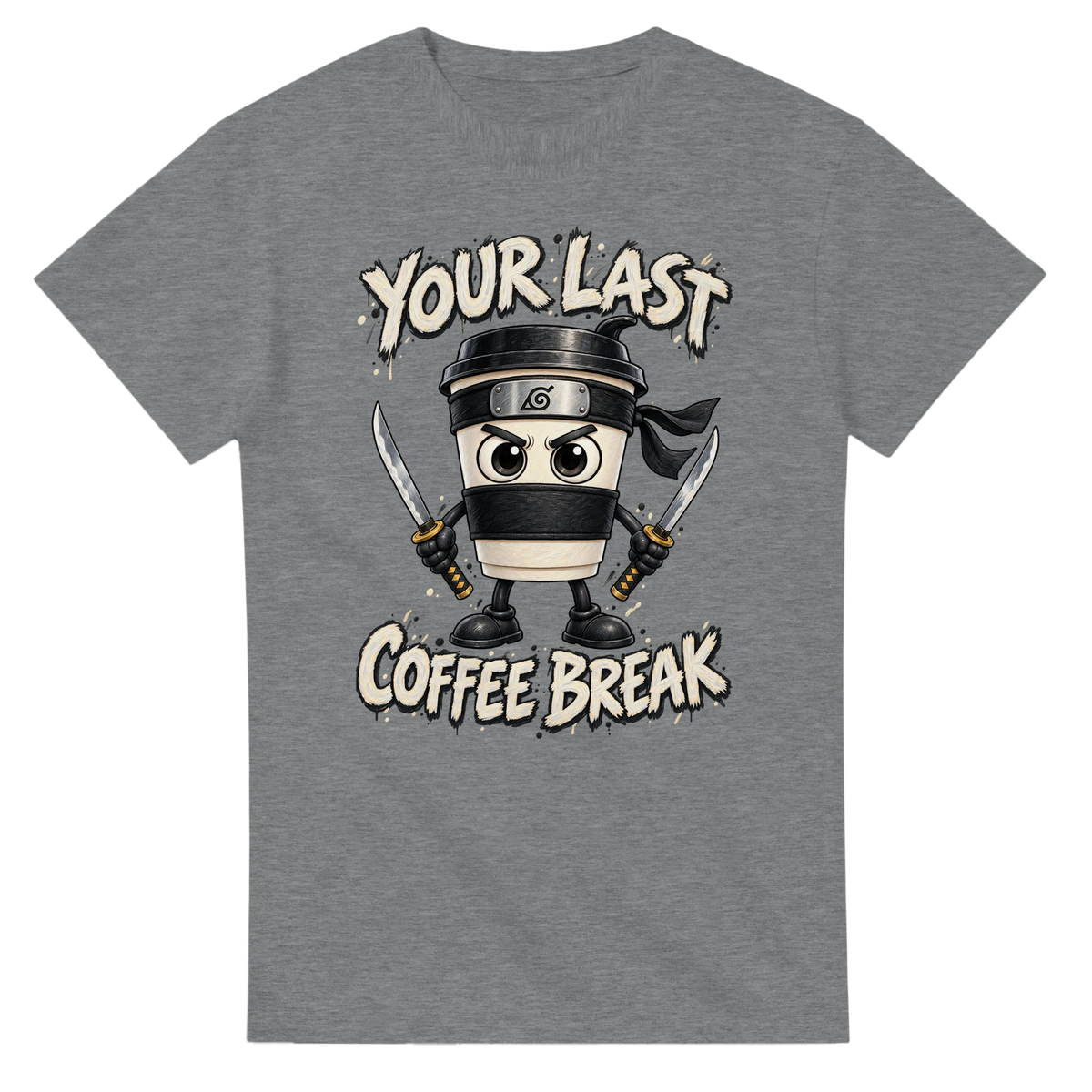 Sport Grey t-shirt printed with Cappuccino Assassino and the words Your last coffee break, front view