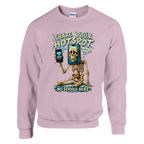 Pot Hotspot print on a light pink crewneck sweatshirt, front view