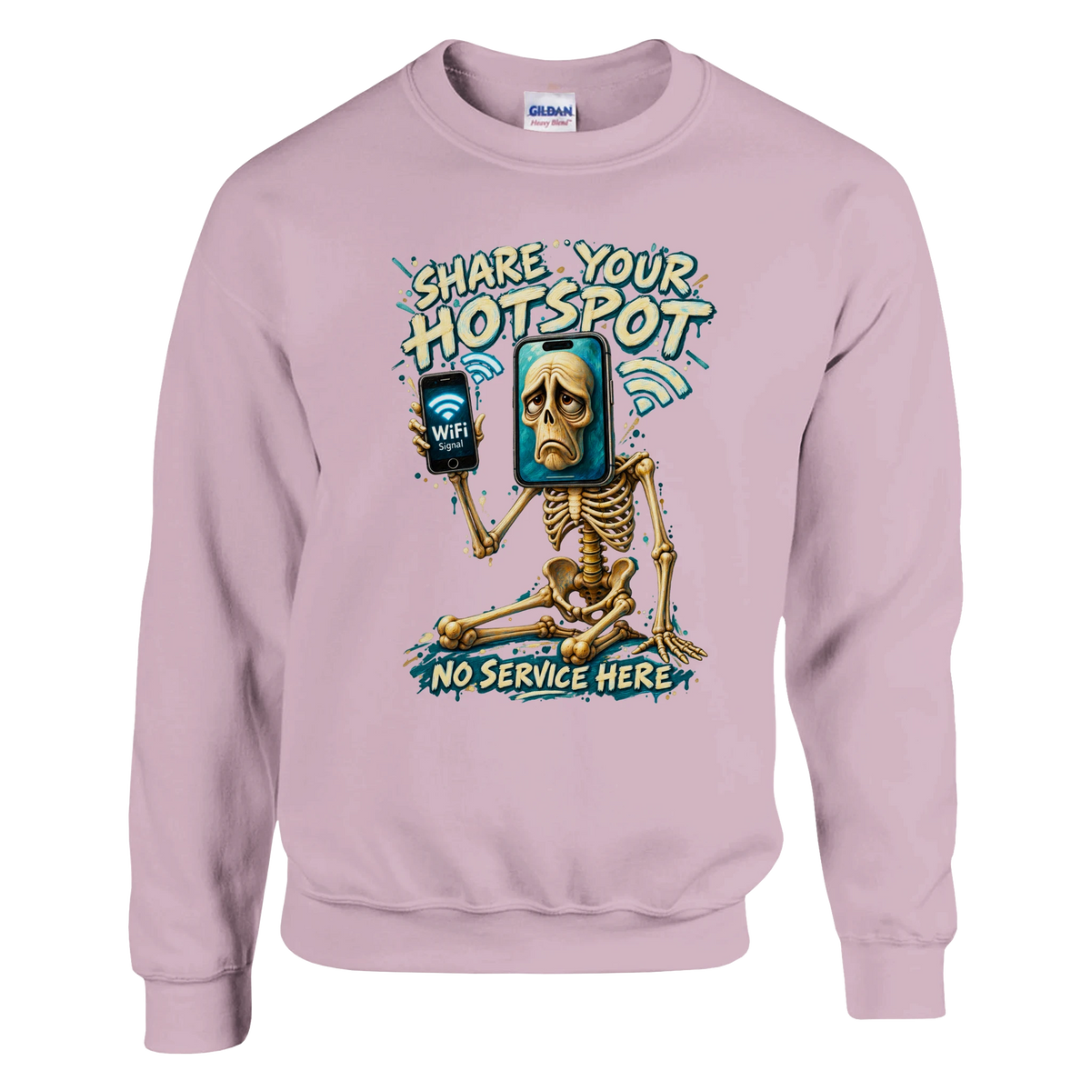 Pot Hotspot print on a light pink crewneck sweatshirt, front view