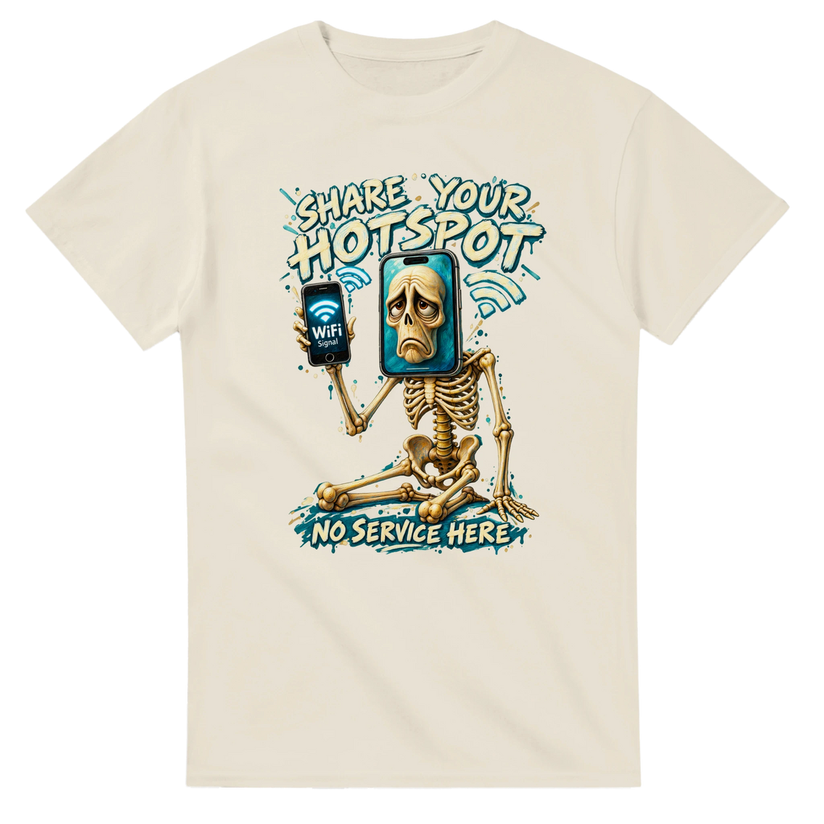 Natural t-shirt printed with Pot Hotspot and the words Share your hotspot, no service here, front view