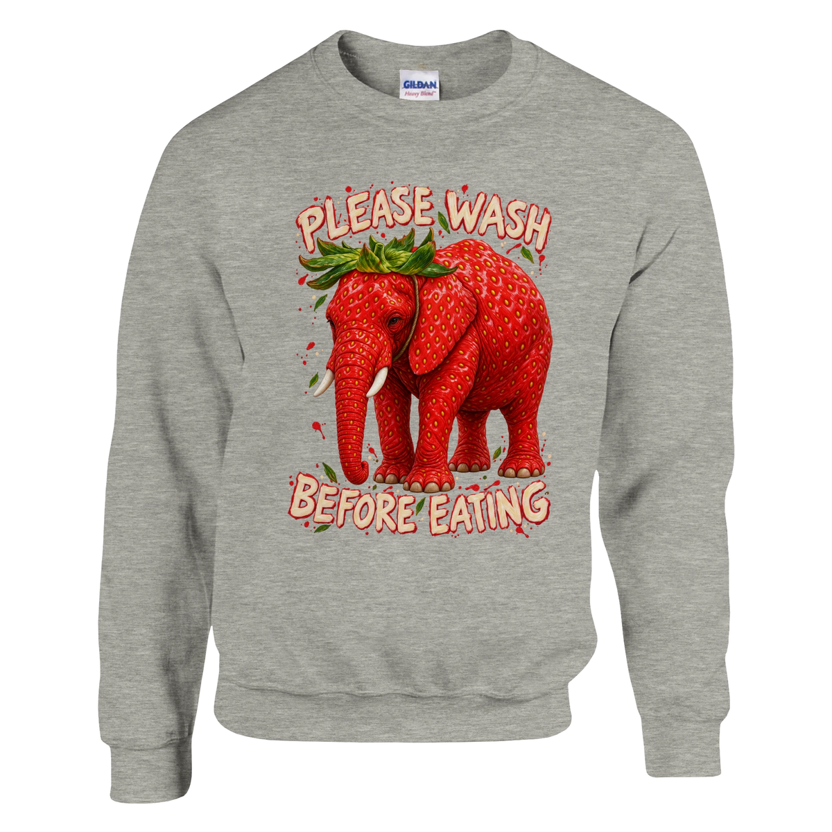 Strawberry Elephant print on an ash grey crewneck sweatshirt, front view