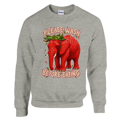 Strawberry Elephant print on an ash grey crewneck sweatshirt, front view