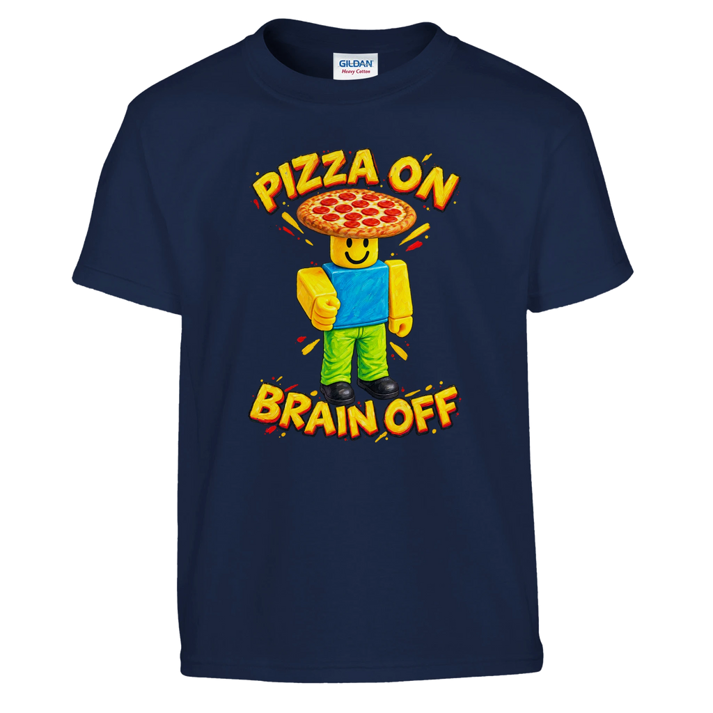 Noobini Pizzanini print on a navy kids t-shirt, front view