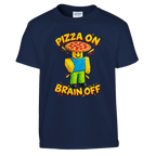 Noobini Pizzanini print on a navy kids t-shirt, front view
