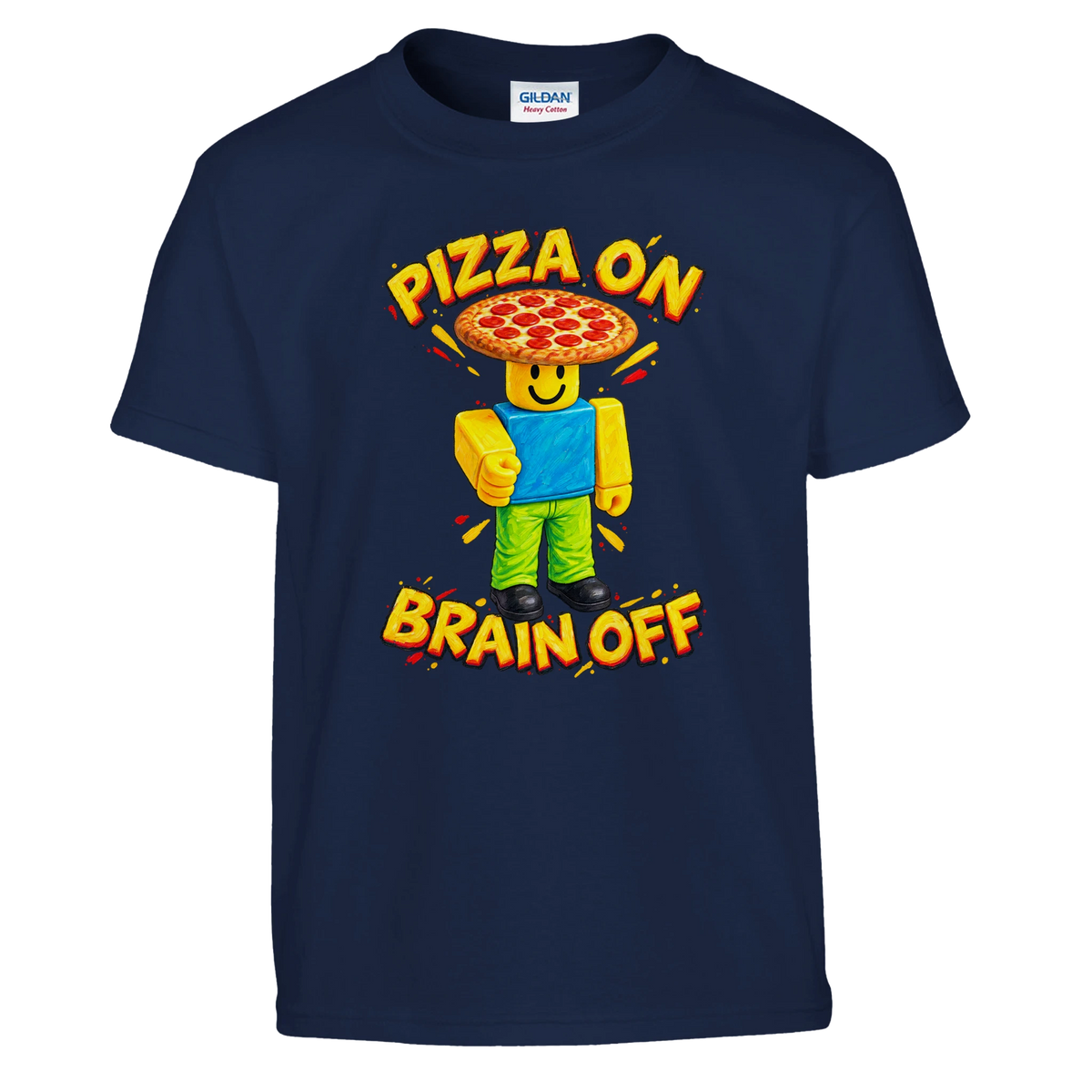 Noobini Pizzanini print on a navy kids t-shirt, front view