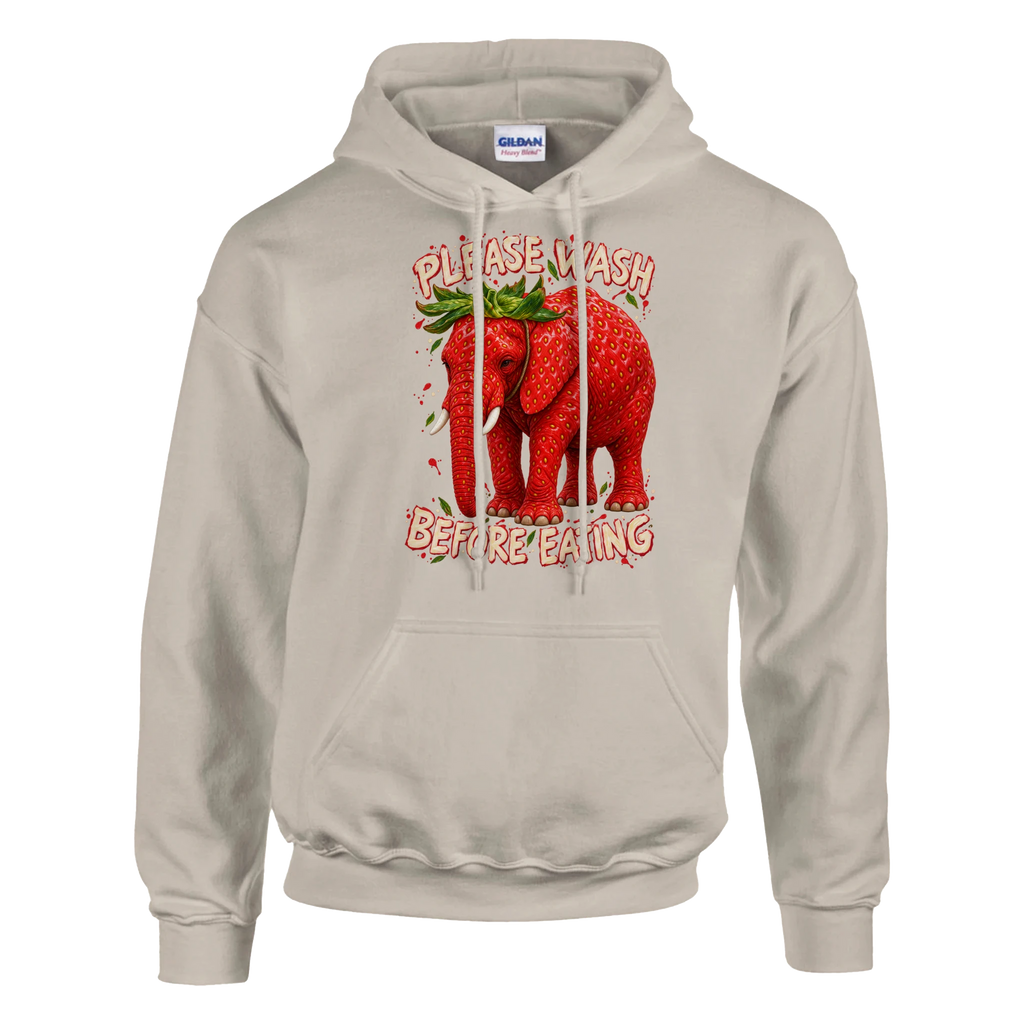 Strawberry Elephant print on a sand pullover hoodie, front view