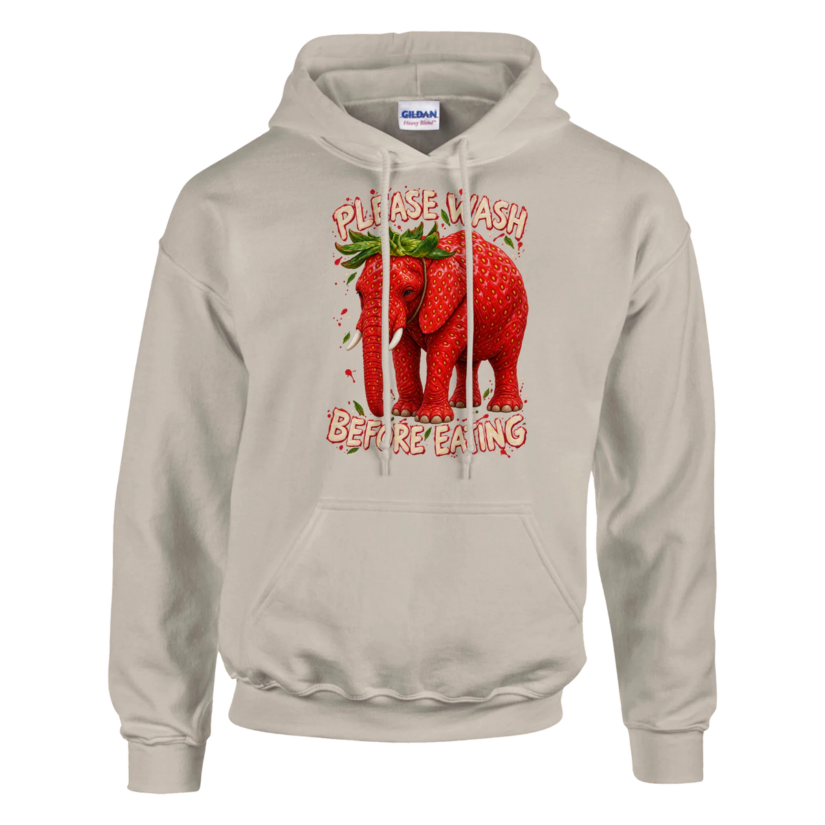 Strawberry Elephant print on a sand pullover hoodie, front view