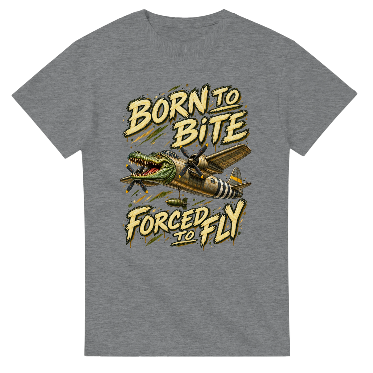 Sport Grey t-shirt printed with Bombardino Crocodilo and the words Born to bite, forced to fly, front view