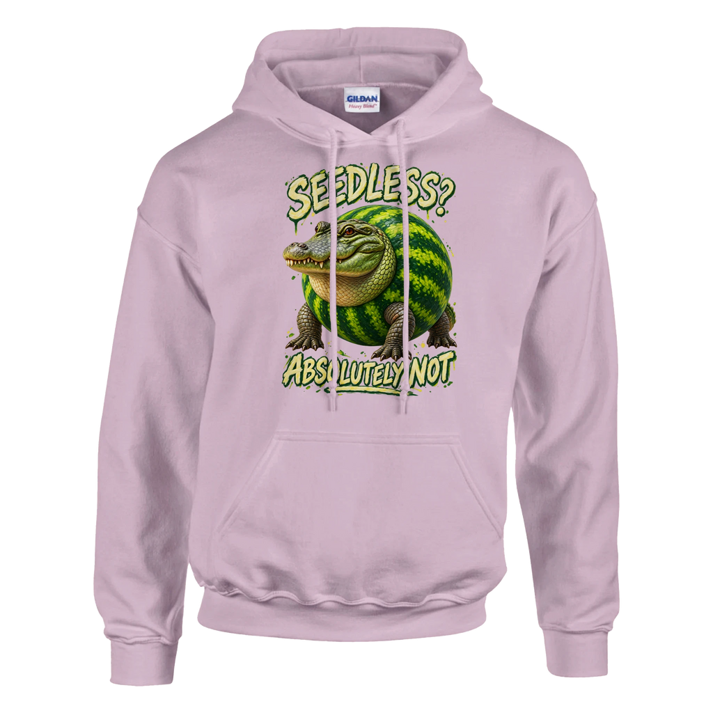 Glorbo Fruttodrillo print on a light pink pullover hoodie, front view