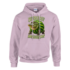 Glorbo Fruttodrillo print on a light pink pullover hoodie, front view