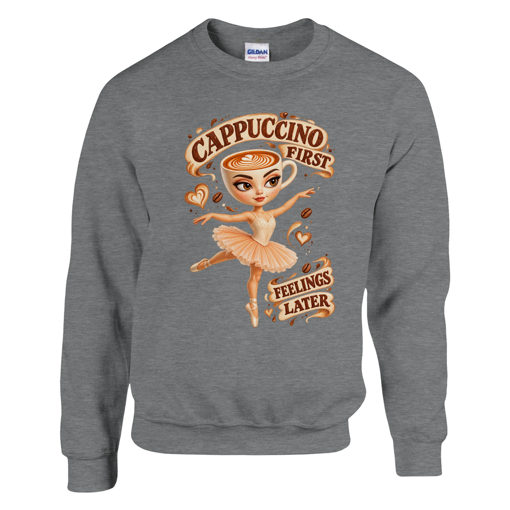 Ballerina Cappuccina print on a sport grey crewneck sweatshirt, front view