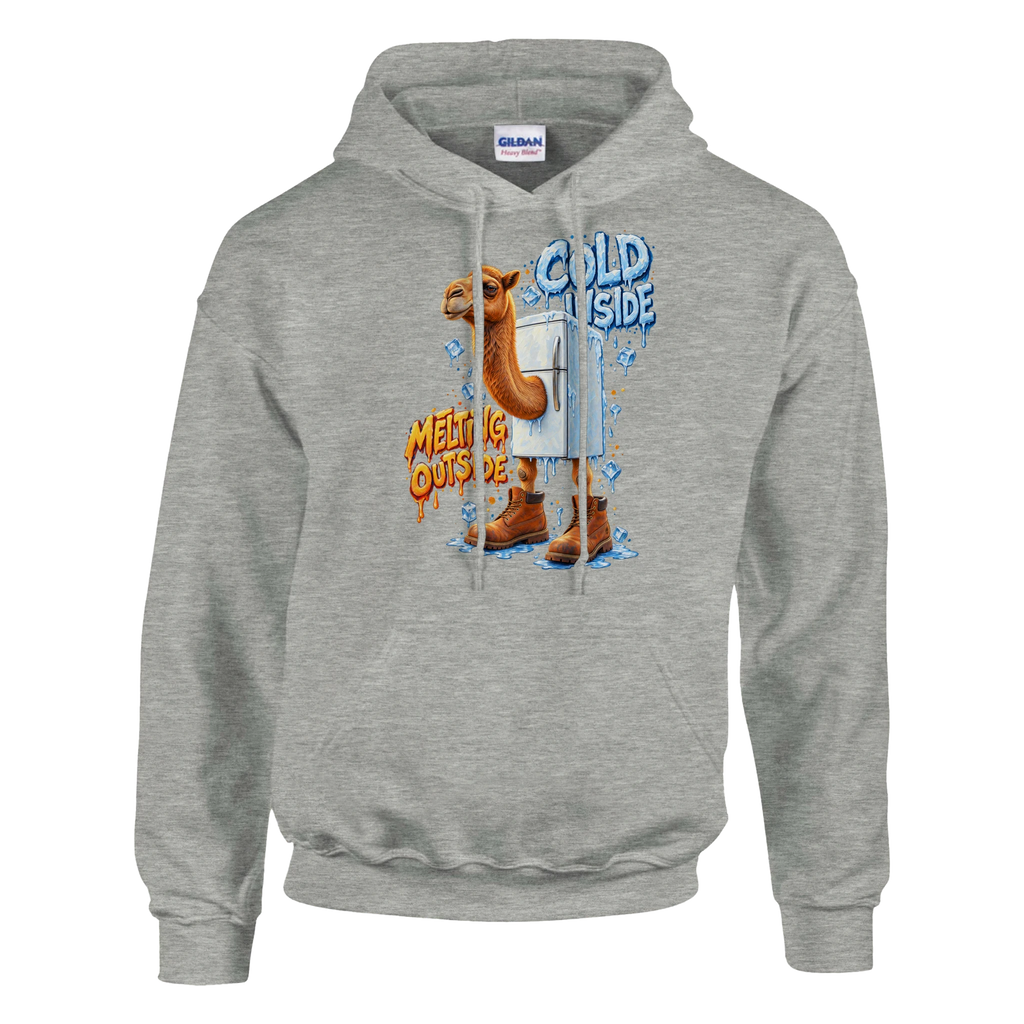 Frigo Camelo print on an ash grey pullover hoodie, front view