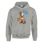 Frigo Camelo print on an ash grey pullover hoodie, front view