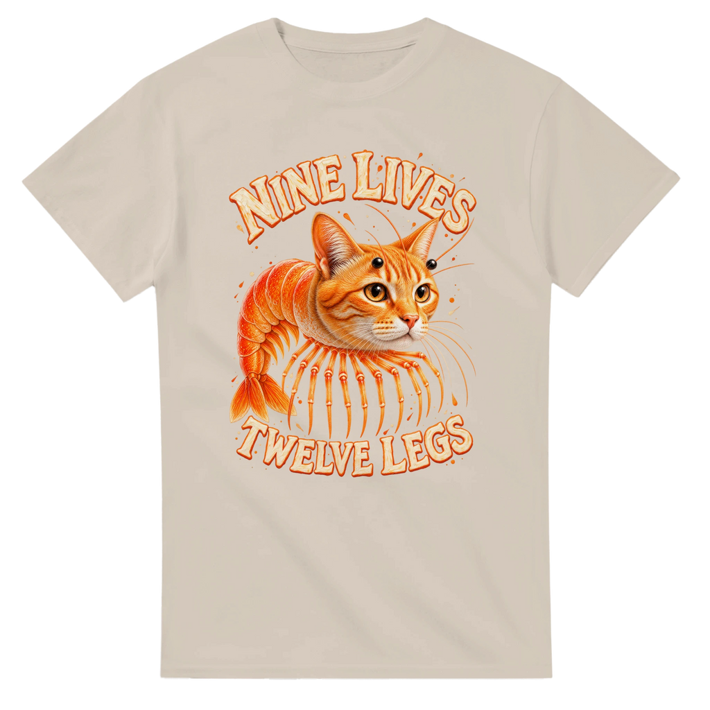 Sand t-shirt printed with Trippi Troppi and the words Nine lives, twelve legs, front view