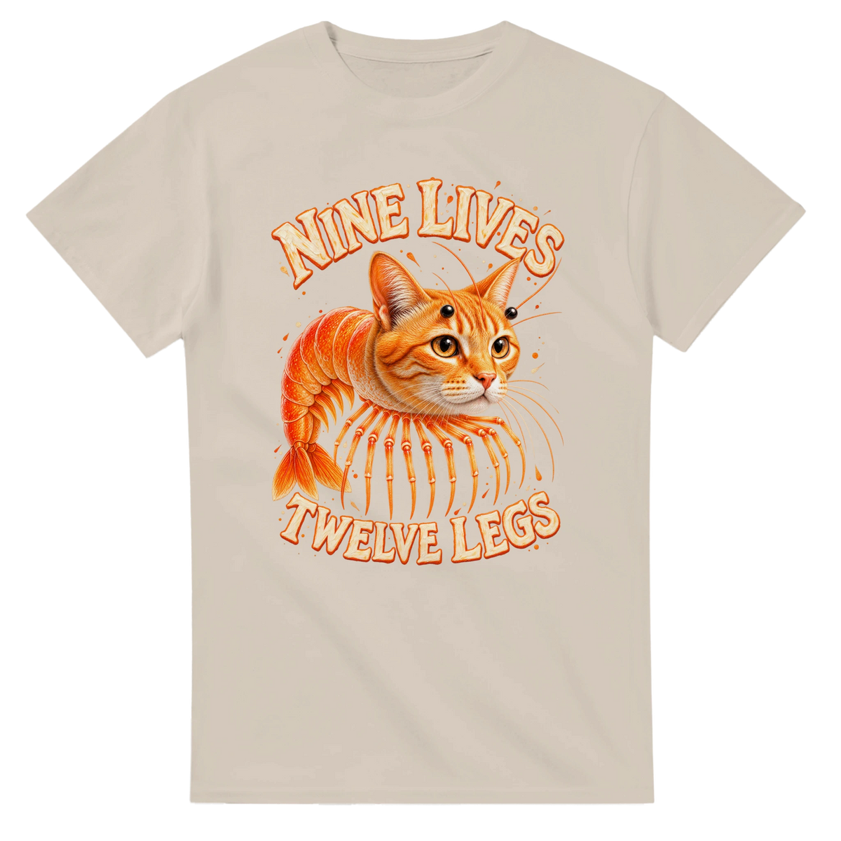 Sand t-shirt printed with Trippi Troppi and the words Nine lives, twelve legs, front view