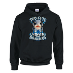 Los Tralaleritos print on a black pullover hoodie, front view