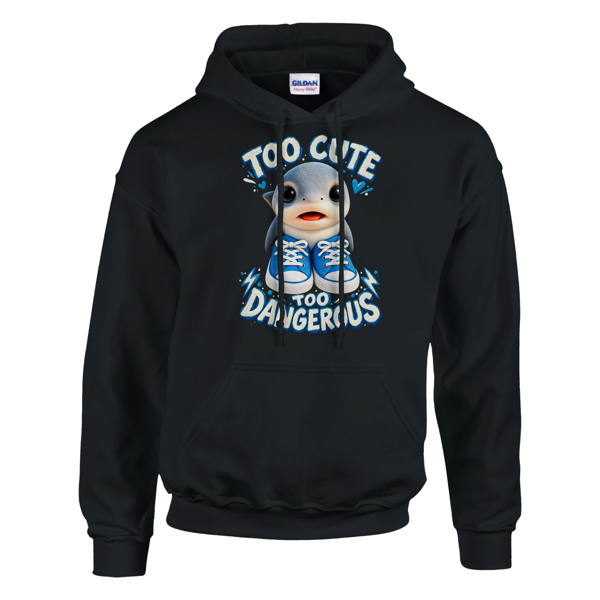 Los Tralaleritos print on a black pullover hoodie, front view