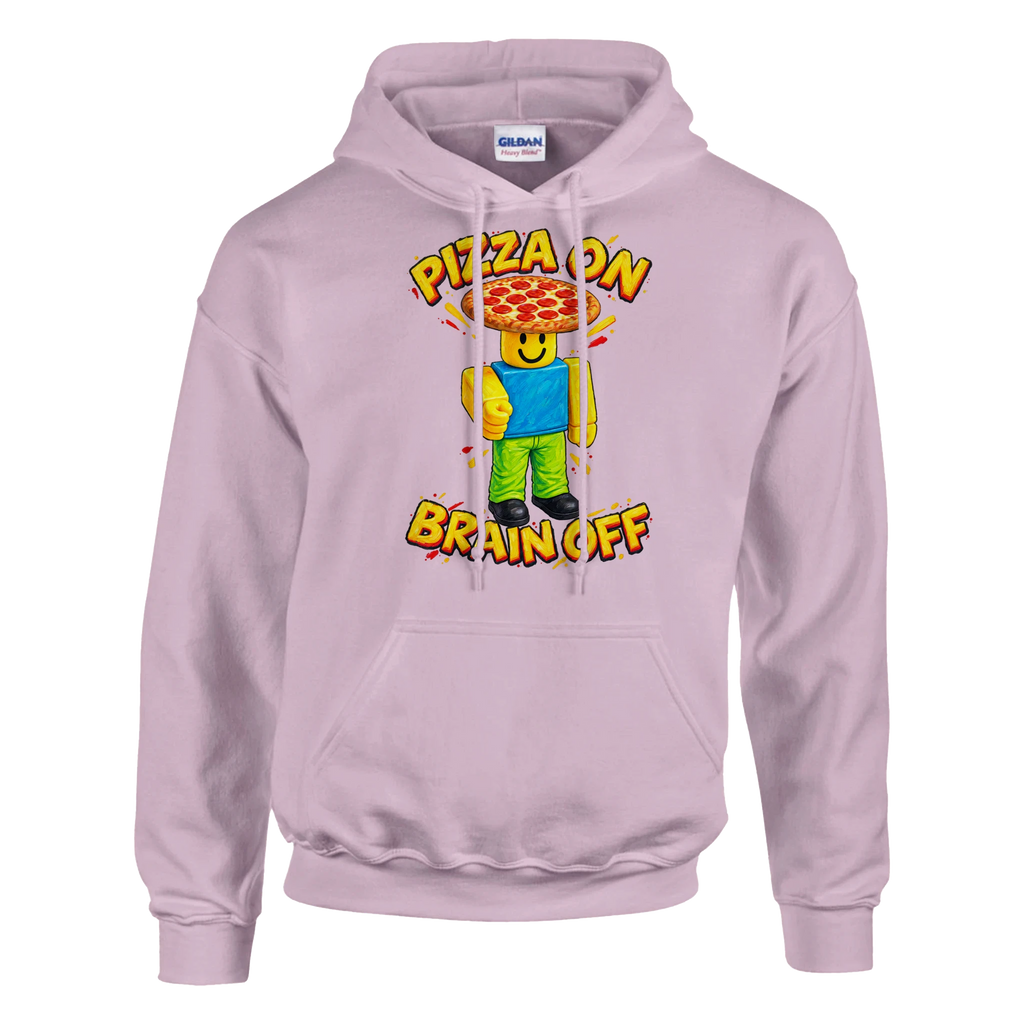 Noobini Pizzanini print on a light pink pullover hoodie, front view