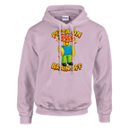 Noobini Pizzanini print on a light pink pullover hoodie, front view