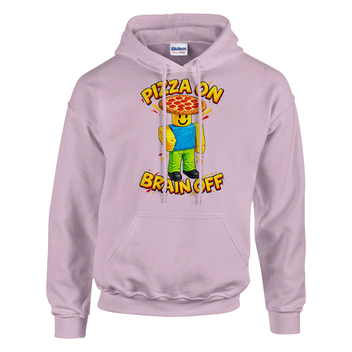 Noobini Pizzanini print on a light pink pullover hoodie, front view