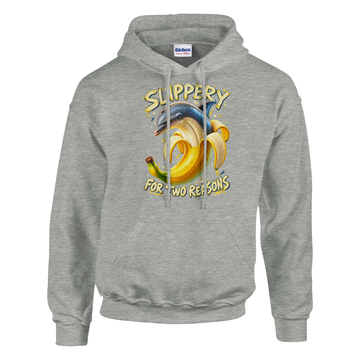 Bananita Dolphinita print on an ash grey pullover hoodie, front view