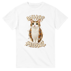 White t-shirt printed with Meowl and the words Who? Meowl, front view