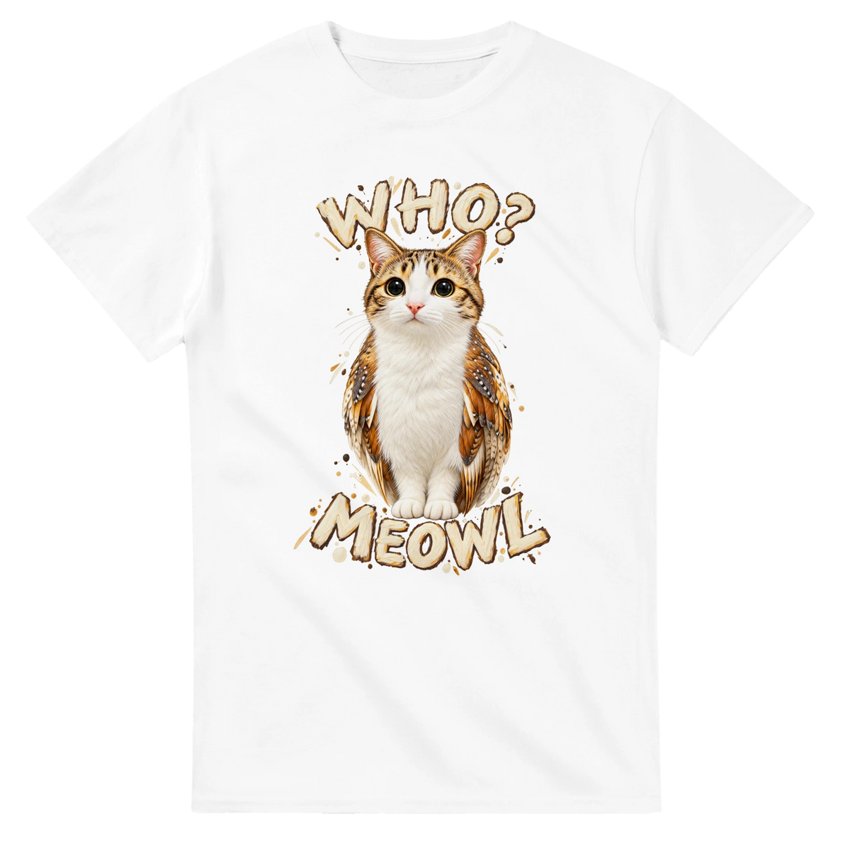 White t-shirt printed with Meowl and the words Who? Meowl, front view