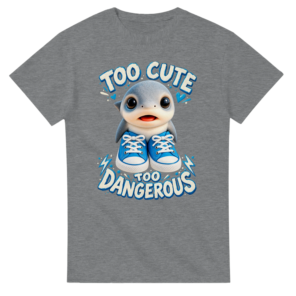 Sport Grey t-shirt printed with Los Tralaleritos and the words Too cute, too dangerous, front view