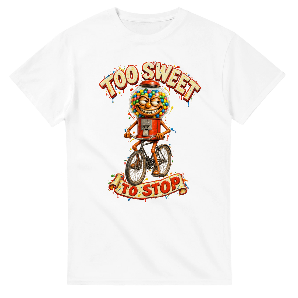 White t-shirt printed with Chicleteira Bicicleteira and the words Too sweet to stop, front view