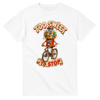 White t-shirt printed with Chicleteira Bicicleteira and the words Too sweet to stop, front view