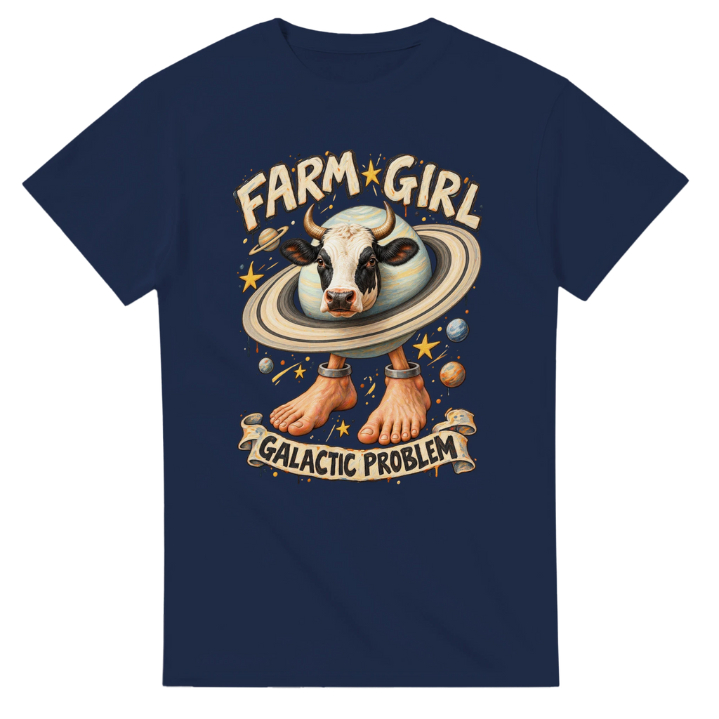 Navy t-shirt printed with La Vaca Saturno Saturnita and the words Farm girl, galactic problem, front view
