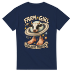 Navy t-shirt printed with La Vaca Saturno Saturnita and the words Farm girl, galactic problem, front view