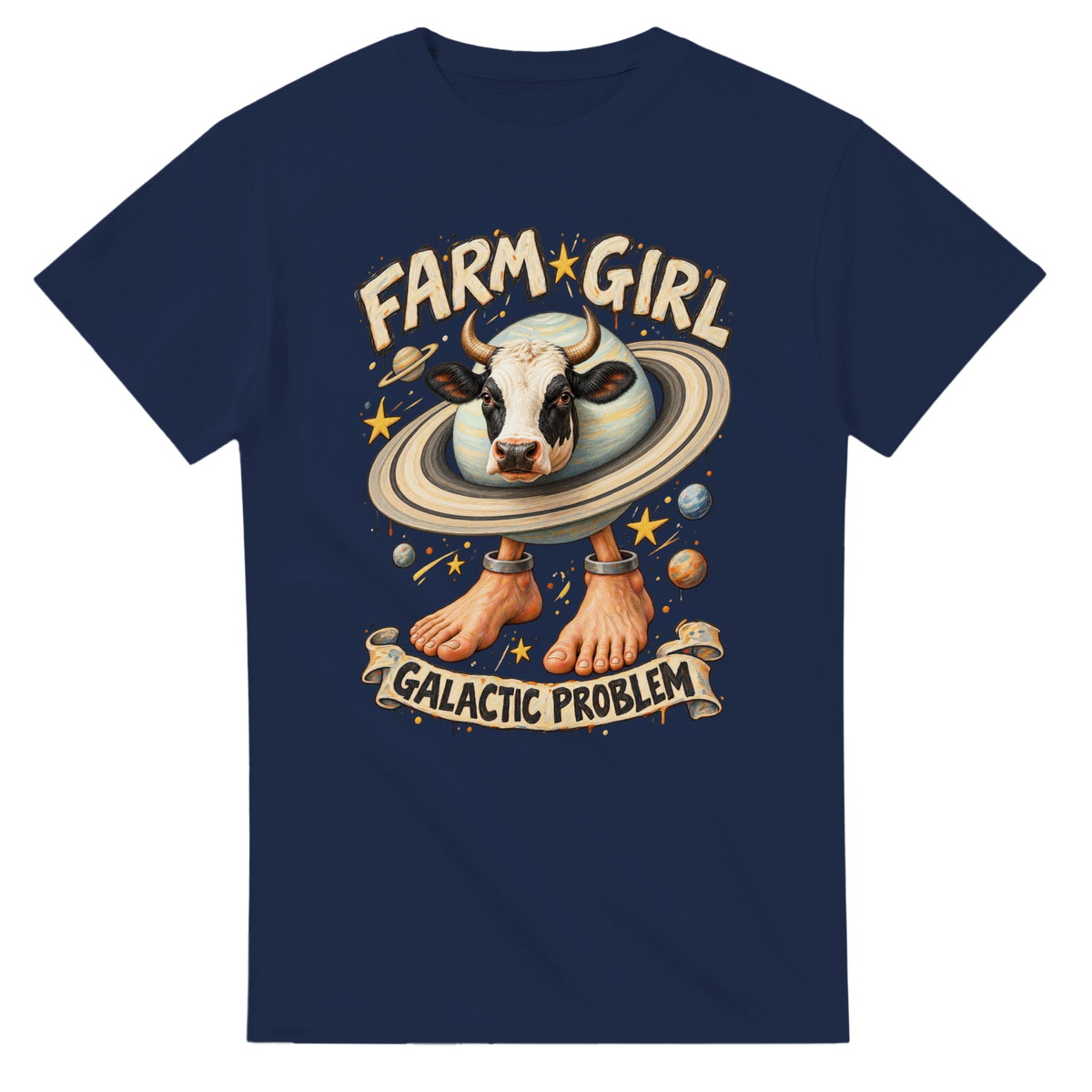 Navy t-shirt printed with La Vaca Saturno Saturnita and the words Farm girl, galactic problem, front view