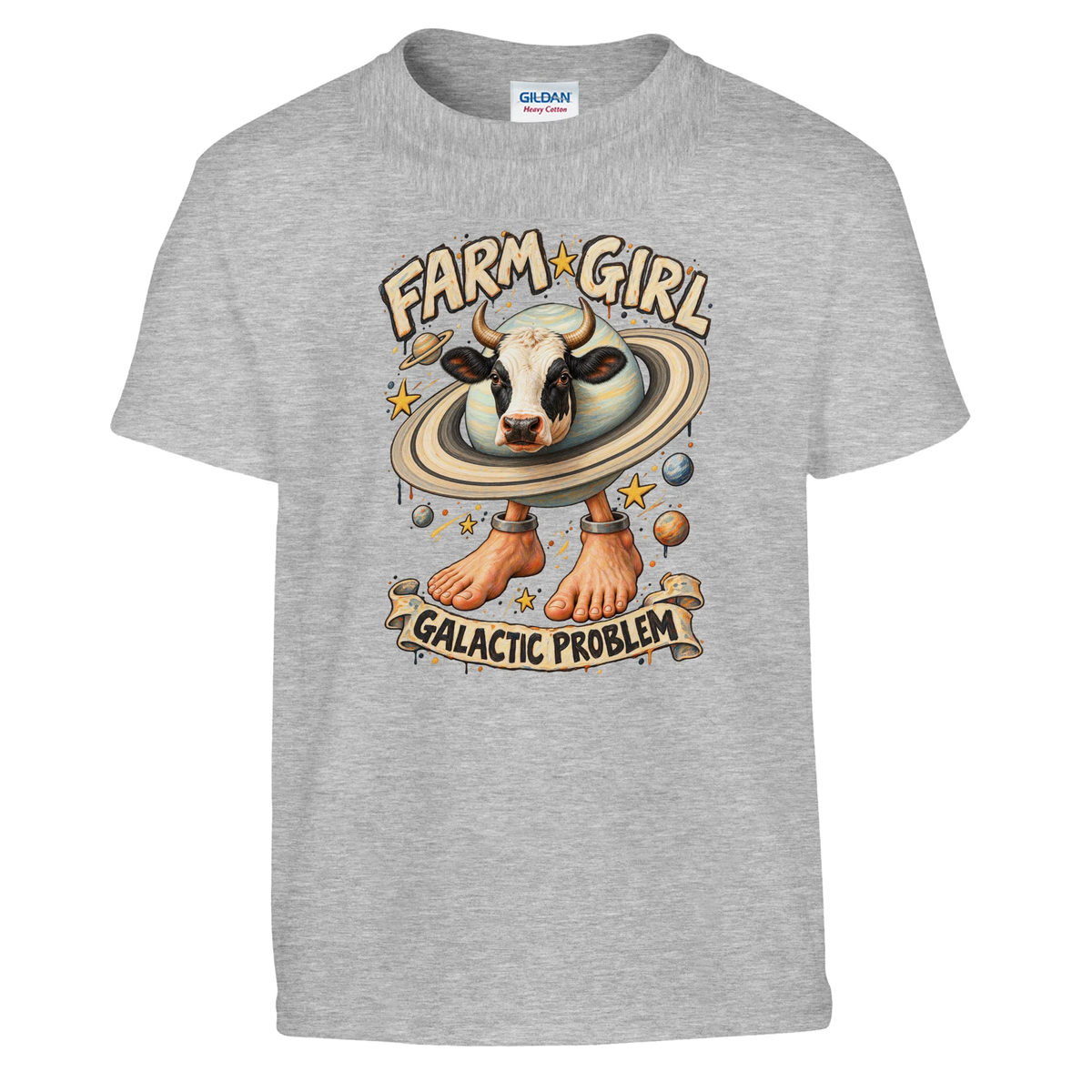 La Vaca Saturno Saturnita print on a sport grey kids t-shirt, front view