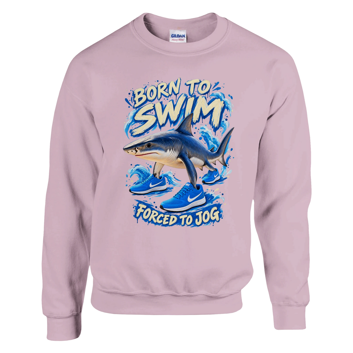 Tralalero Tralala print on a light pink crewneck sweatshirt, front view