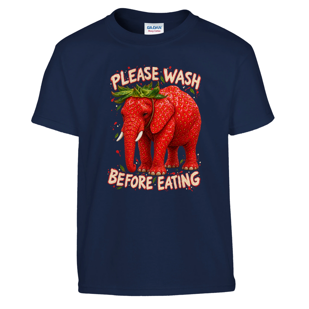 Strawberry Elephant print on a navy kids t-shirt, front view