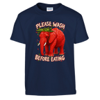 Strawberry Elephant print on a navy kids t-shirt, front view