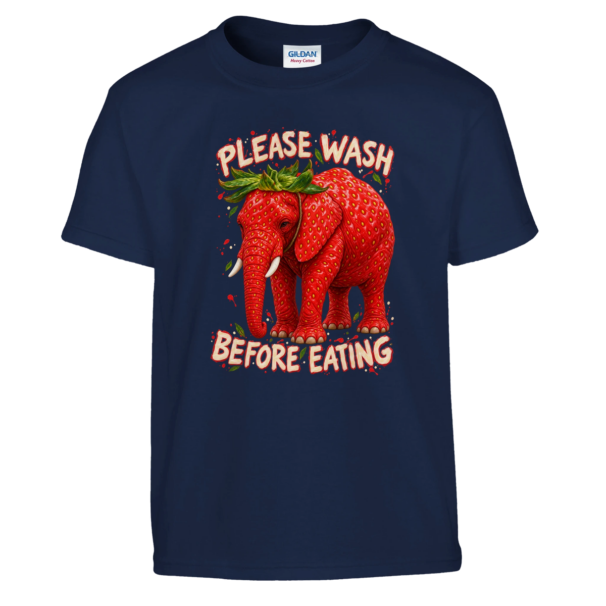 Strawberry Elephant print on a navy kids t-shirt, front view