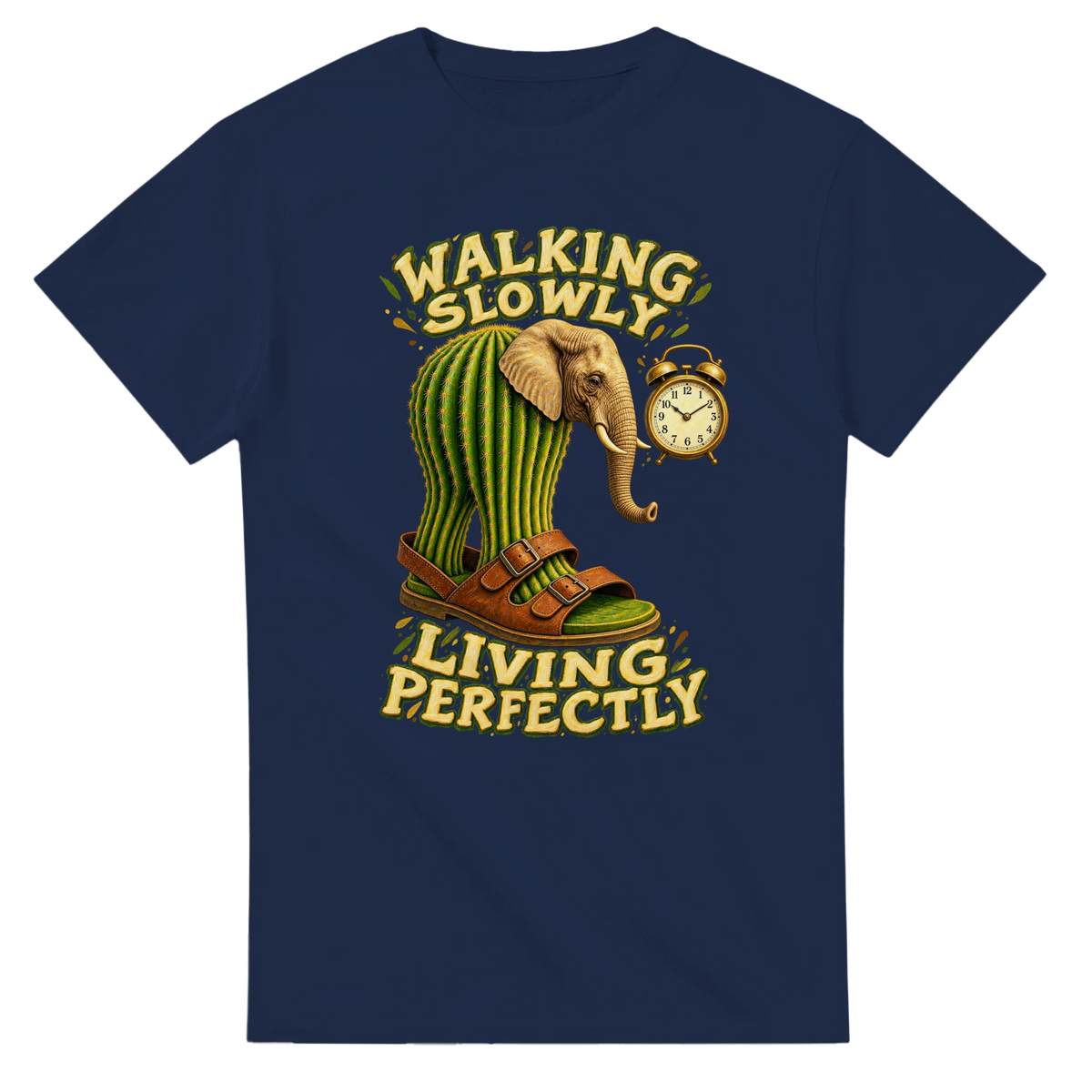 Navy t-shirt printed with Lirili Larila and the words Walking slowly, living perfectly, front view