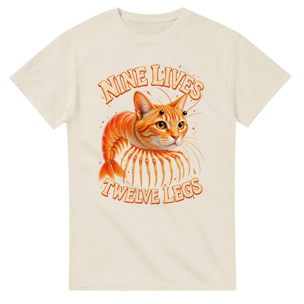 Natural t-shirt printed with Trippi Troppi and the words Nine lives, twelve legs, front view