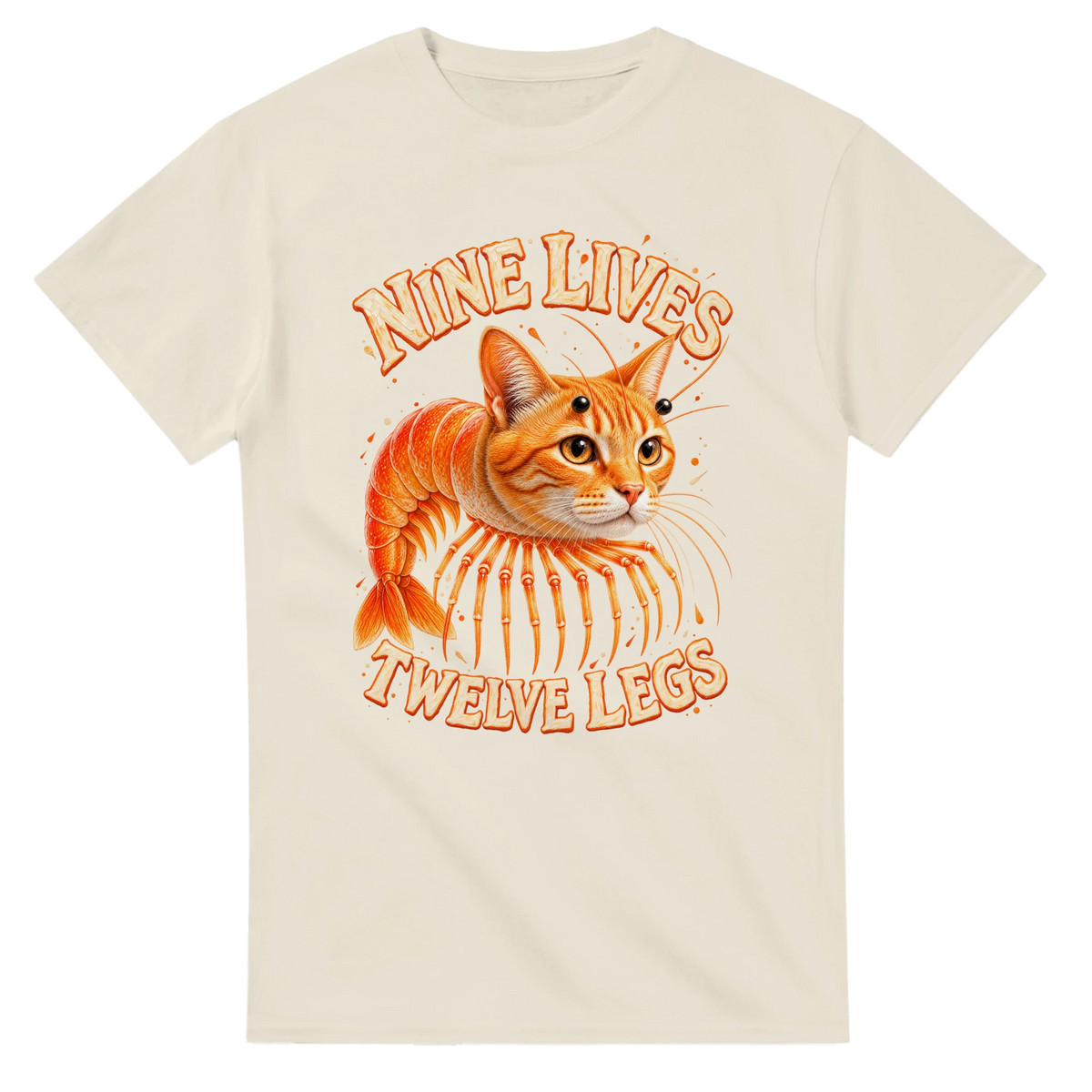 Natural t-shirt printed with Trippi Troppi and the words Nine lives, twelve legs, front view